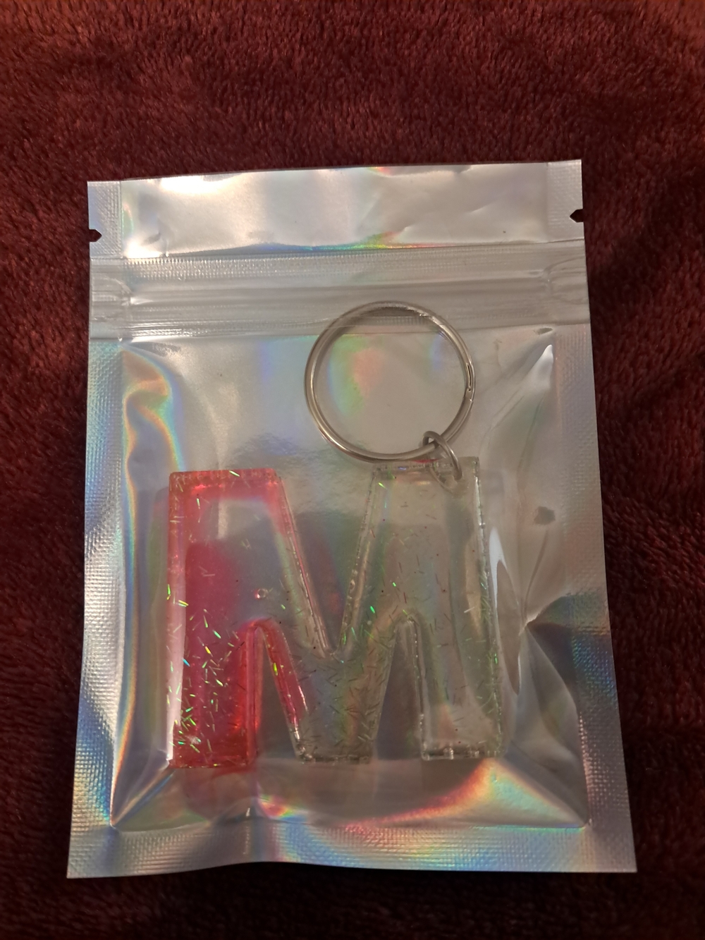 M Letter Resin Keychain Keyring - Clear & Pink